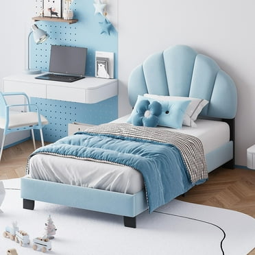 PAPROOS Upholstered Twin Bed Frame, Twin Size Upholstered Velvet Platform Bed with Shell-Shaped Headboard, Strong Wooden Slats Support, Single Bed Frame for Kids Girls, No Box Spring Needed, Blue