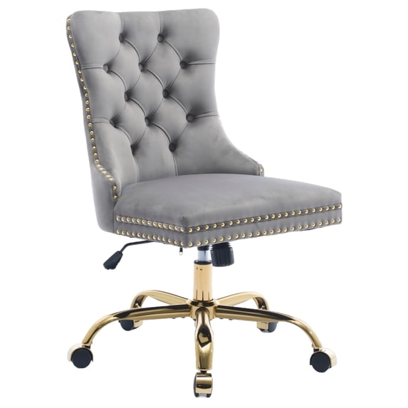 PAPROOS Vanity Chair, Swivel Home Office Chair, Ergonomic Home Desk Chair with Golden Metal Base, Adjustable Height, Velvet Upholstered Tufted Button Task Chair, Gray