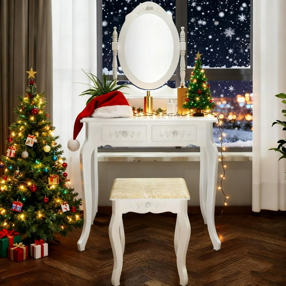PAPROOS Vanity Sets for Girls, White Vanity Set, Dressing Table Dresser Wooden Toy Makeup Vanity Table & Stool with 360° Rotating Mirror and 4 Drawers
