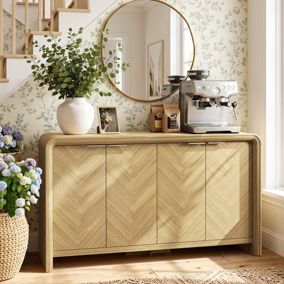 PAPROOS 55" Natural Sideboard Cabinet, Herringbone Wooden 4-Door Buffet Cabinet with Storage for Kitchen, Dining Room, Living Room, Entryway
