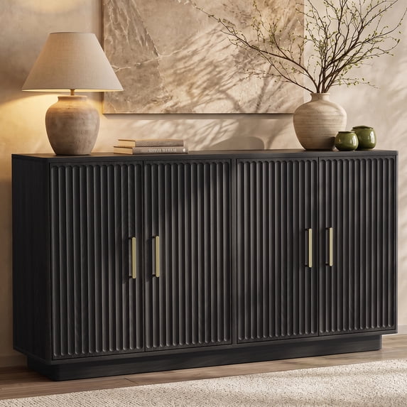 PAPROOS Black Sideboard Buffet Cabinet, 55in Fluted Credenza Cabinet with 4 Doors & 2 Adjustable Shelves, for Kitchen Dining Room Entryway