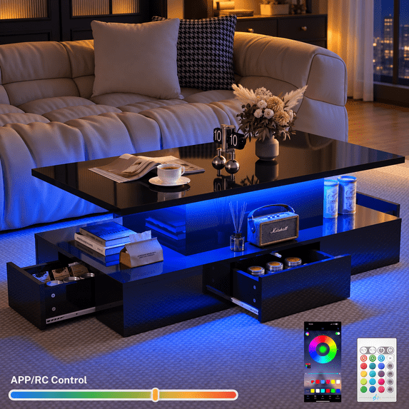 Black LED Coffee Table for Living Room, PAPROOS Modern High Glossy Center Table with 4 Drawers, Smart Cocktail Table Rectangle, Sofa Side Tea Tables with LED Lights, 41"L×25"W×16"H