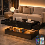PAPROOS LED Black Coffee Table with Storage & Open Shelf – Large Modern High Gloss Coffee Table for Living Room, Rectangle LED Coffee Table, Center Table with Marble Print