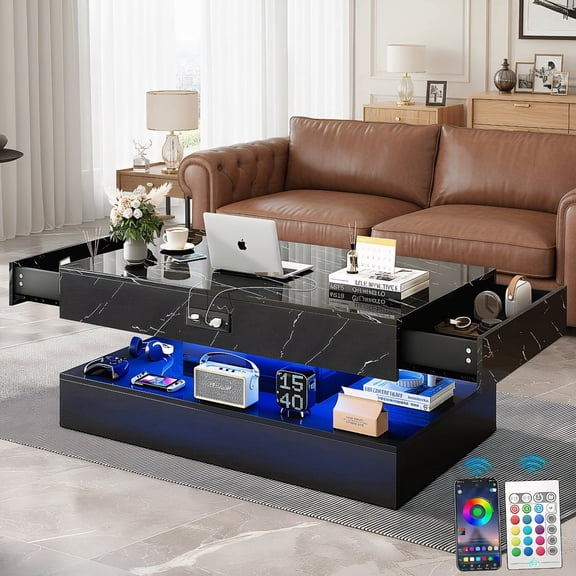 PAPROOS LED Black Coffee Table 47" with 2 Drawers & Charging Station – Modern High Gloss Center Table with Storage&Open Shelf, Large Rectangle Living Room Coffee Table with Marble Print