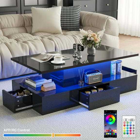 Black LED Coffee Table for Living Room, PAPROOS Modern High Glossy Center Table with 4 Drawers, Smart Cocktail Table Rectangle, Sofa Side Tea Tables with LED Lights, 41"L×25"W×16"H
