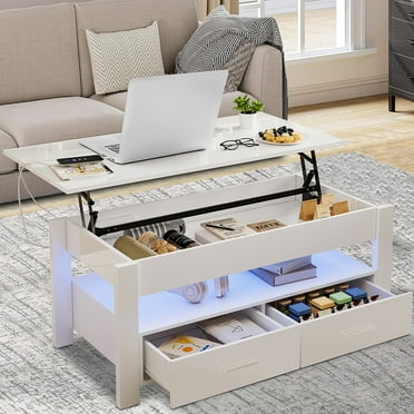 LED Lift Top Coffee Table for Living Room, PAPROOS Modern High Glossy Center Table with 2 Drawers, Sofa Side Tea Tables with LED Lights, Charging Station, USB Port, White