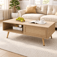 thumbnail image 1 of PAPROOS Rattan Coffee Table with Sliding Storage Door, Solid Wood Legs - Ideal for Living Rooms, Natural, 1 of 12