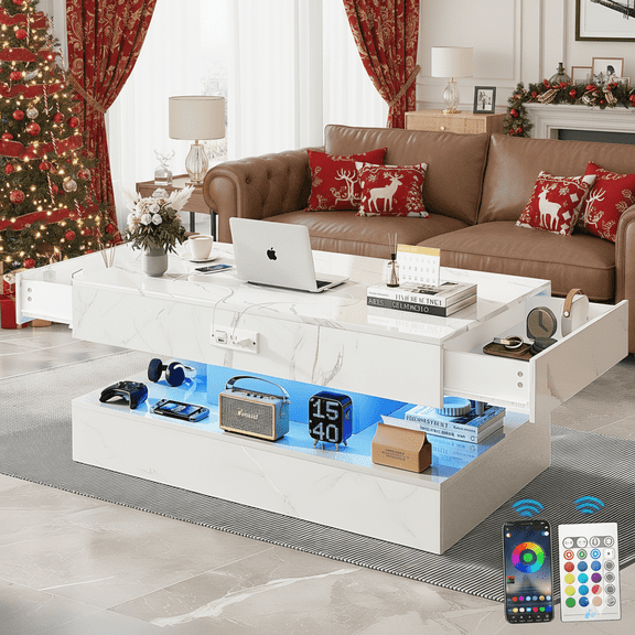 PAPROOS LED White Coffee Table with 2 Storage Drawers, 47" Modern High Glossy Coffee Tables with Charging Station&Open Shelf, 2 Tiers Large Modern Center Table with Marbling Print for Living Room
