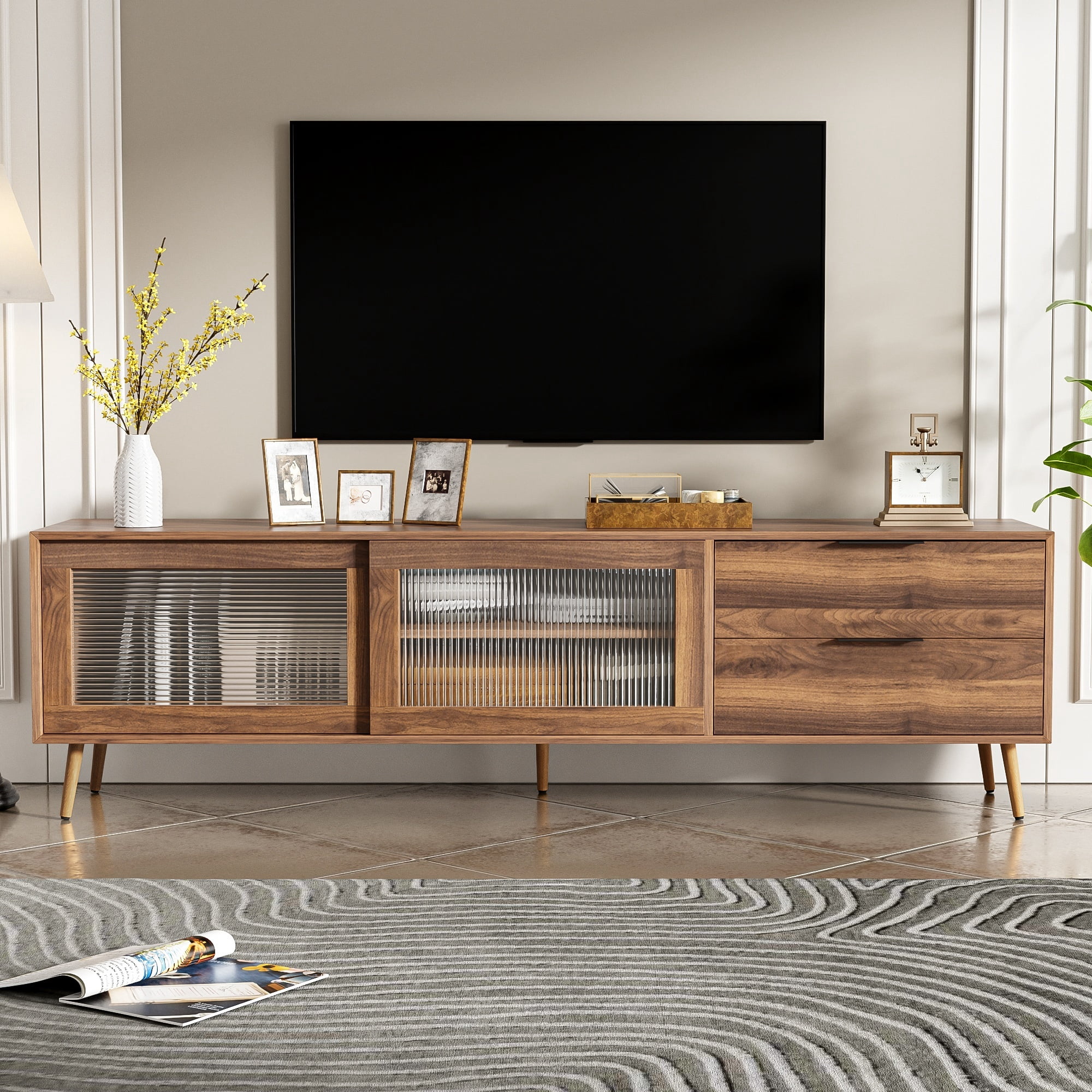 Paproos TV Stand for 75"-80" TV, Modern Entertainment Center with 2 Drawers & Storage Cabinet, 70” Television Stand with 2 Glass Doors, TV Console Table for Living Room, Bedroom, Walnut