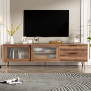 Paproos TV Stand for 75-80 TV, Modern Entertainment Center with 2 Drawers & Storage Cabinet, 70  Television Stand with 2 Glass Doors, TV Console Table for Living Room, Bedroom, Walnut