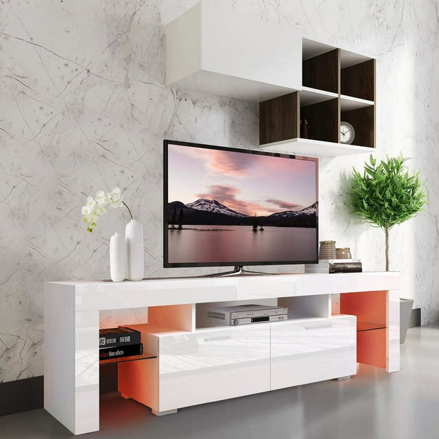 PAPROOS White TV Stand for 70 Inch TV, Modern LED TV Console Table with