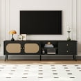thumbnail image 1 of Paproos TV Stand for TVs Up to 80", Mid Century Modern Entertainment Center with Rattan Doors, 2 Drawers, TV Console Table with Open Shelf, Television Stand for Living Room, Bedroom, Black, 1 of 10