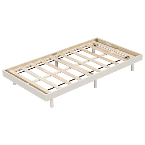 PAPROOS Wood Platform Bed, Twin Size Platform Bed Frame with Sturdy Wooden Slats and Solid Wood Legs, Modern Bedroom Furniture Twin Bed Frame, No Box Spring Needed, White Washed Color