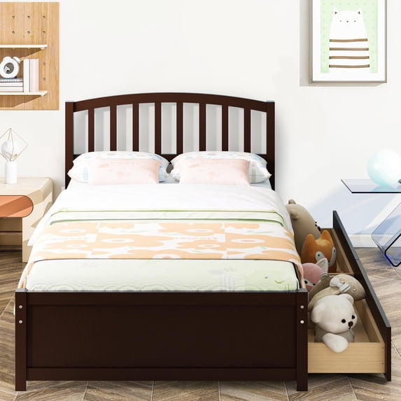 PAPROOS Wood Platform Bed with Storage, Twin Size Bed Frame with 2 Drawers, No Box Spring Needed, Espresso