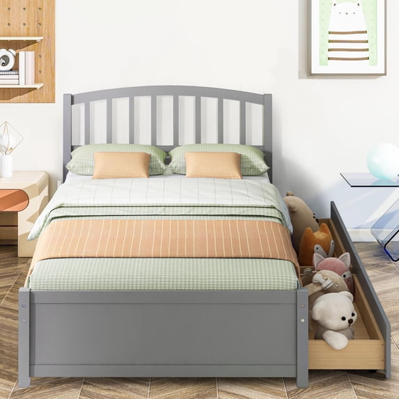 PAPROOS Wood Platform Bed with Storage, Twin Size Bed Frame with 2 Drawers, No Box Spring Needed, Gray