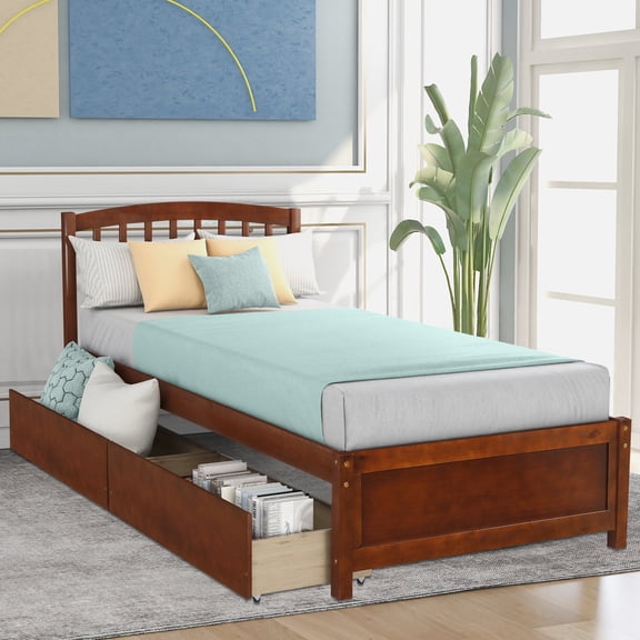PAPROOS Wood Platform Bed with Storage, Twin Size Bed Frame with 2 Drawers, No Box Spring Needed, Walnut