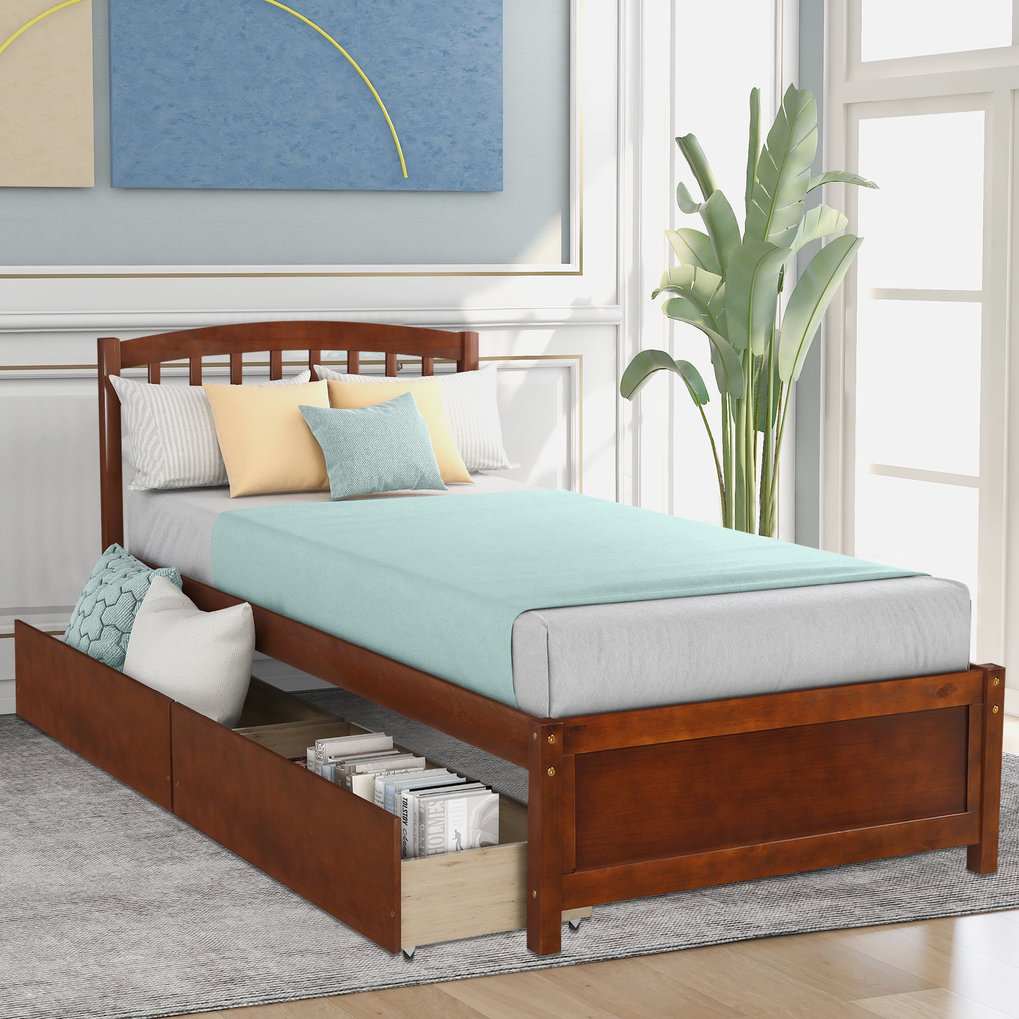 PAPROOS Wood Platform Bed with Storage Twin Size Bed Frame with 2