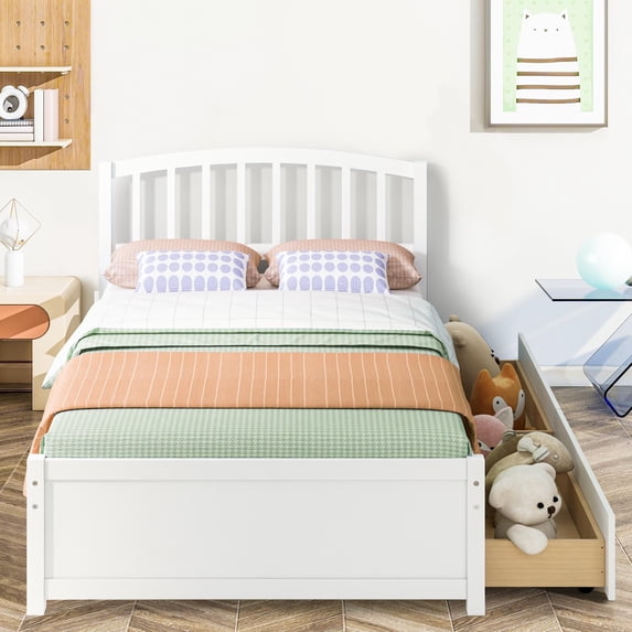PAPROOS Wood Platform Bed with Storage, Twin Size Bed Frame with 2 Drawers, No Box Spring Needed, White