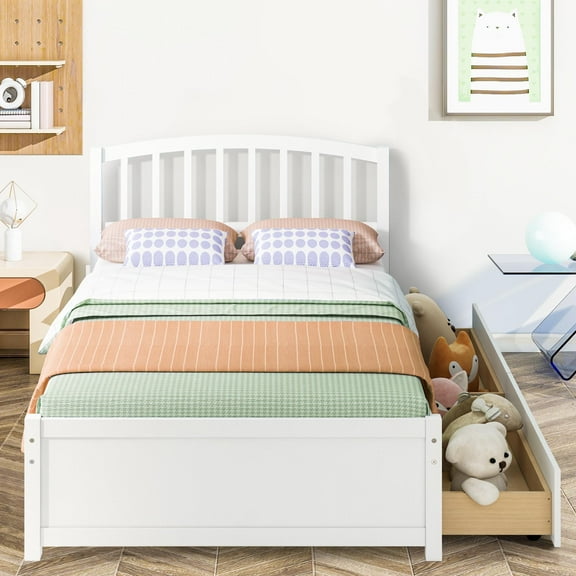 PAPROOS Wood Platform Bed with Storage, Twin Size Bed Frame with 2 Drawers, No Box Spring Needed, White