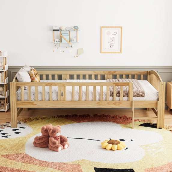 PAPROOS Wood Twin Platform Bed Frame, Twin Size Bed Frame with Fence Guardrail Ladder, No Box Spring Needed, Natural