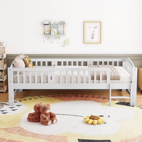 PAPROOS Wood Twin Platform Bed Frame, Twin Size Bed Frame with Fence Guardrail Ladder, No Box Spring Needed, White