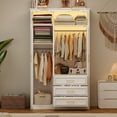 thumbnail image 1 of PAPROOS Wooden Armoire Wardrobe Closet with 3 Drawers, Clothing Storage Cabinet with Shelves, Wardrobe with LED, Sturdy Freestanding Modern Bedroom Clothing Armoires, White, 1 of 10