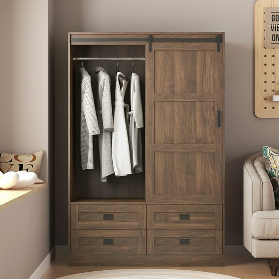 PAPROOS Wooden Armoire Wardrobe Closet with 4 Drawers and Hanging Rod, Clothing Storage Cabinet with Shelves, Sturdy Freestanding Modern Bedroom Clothing Armoires, Brown