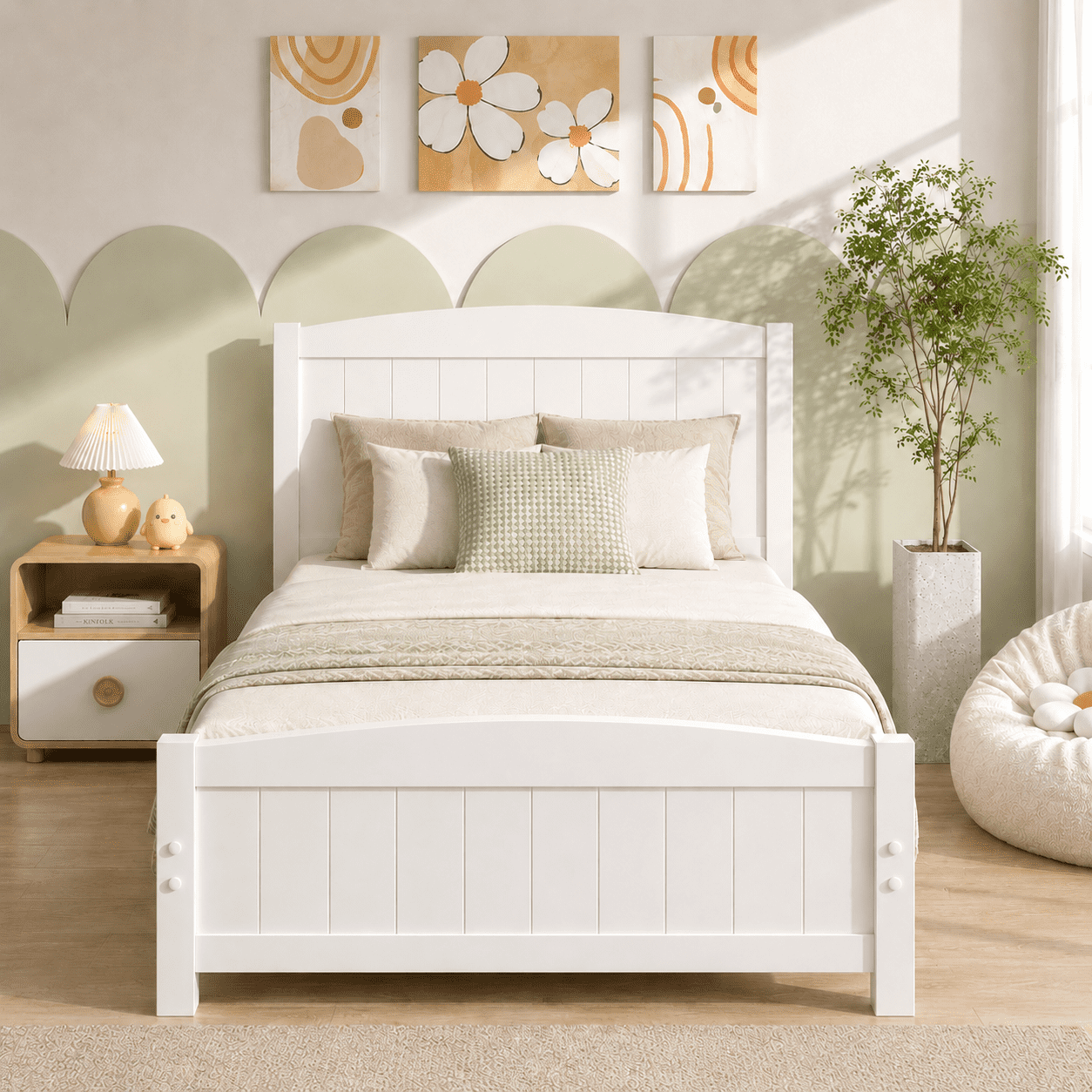 PAPROOS White Wooden Twin Platform Bed Frame with Headboard and Footboard, 330lbs Capacity, Twin Size Bed Frame, No Box Spring Needed