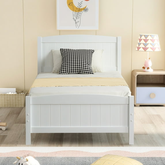 PAPROOS White Wooden Twin Platform Bed Frame with Headboard and Footboard, 330lbs Capacity, Twin Size Bed Frame, No Box Spring Needed