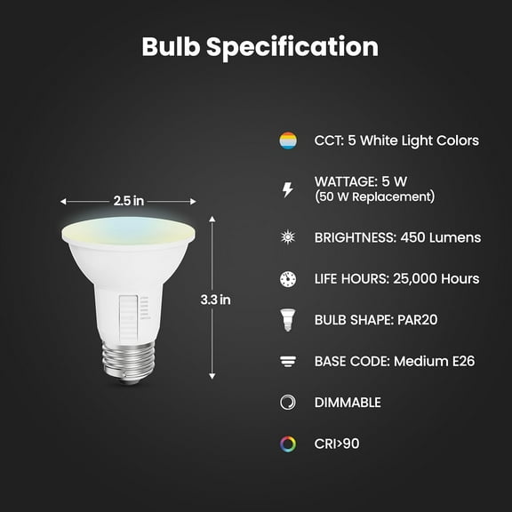 PAR20 LED Light Bulb, 50W Equivalent, Dimmable, Color Selectable 6-Way, 5CCT, E26 Medium Base, 90 CRI, 450 Lumens, Damp Rated Spotlight Bulb, 22-Year Lifetime, PAR20DM/6WYCA/2, 2 Pack