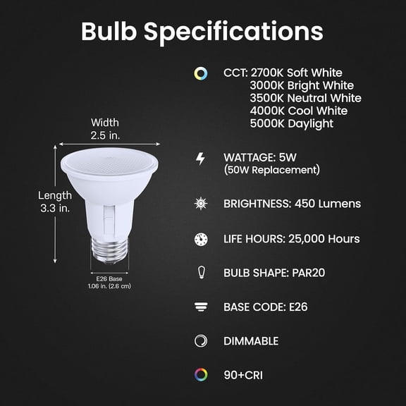 PAR20 LED Reflector Light, 50W Equivalent, Dimmable, Adjustable Beam, Adjustable White (2700K-5000K), 90+ CRI, Indoor/Outdoor, Track Lighting, 25,000-Hour Lifetime, PAR20/ADJ/6WYCA