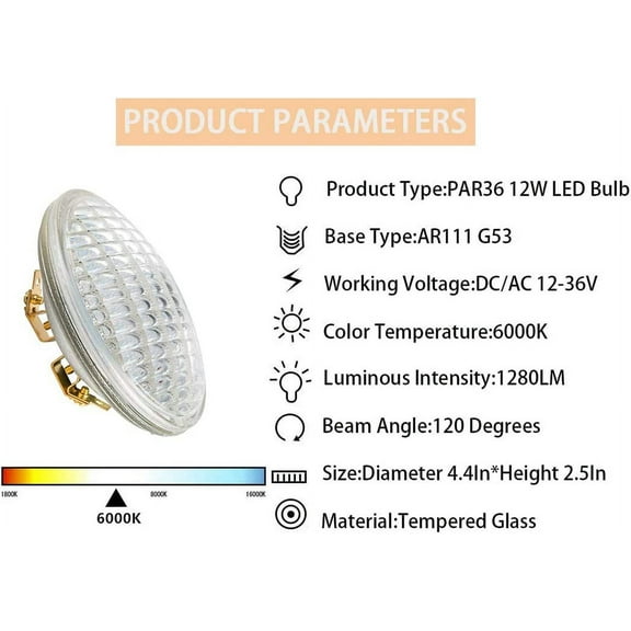 PAR36 Landscape Bulb 12V 12W 1280LM 100W Halogen Landscape Bulbs 6000K 12-36V, Water Resistant, PAR36 12V Flood Light Tractor Light, 6 Pack
