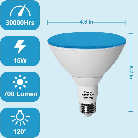 2 Pack Sinvic Dimmable PAR38 Blue LED Bulbs, 15W(150W Equiv) 700Lumens 120V E26 Base, Outdoor Flood Lights for Christmas/Halloween/Porch Party