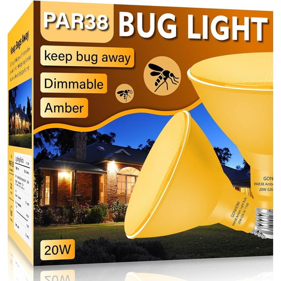 PAR38 Bug Flood Light Bulbs Outdoor,2 Pack-Dimmable,Bug Lights for Outside,20W Replace up to 200W,Amber Yellow Light Bulb,E26 Base Bug Light Bulb for Backyard,Gara,Garden,Porch Light Bulbs