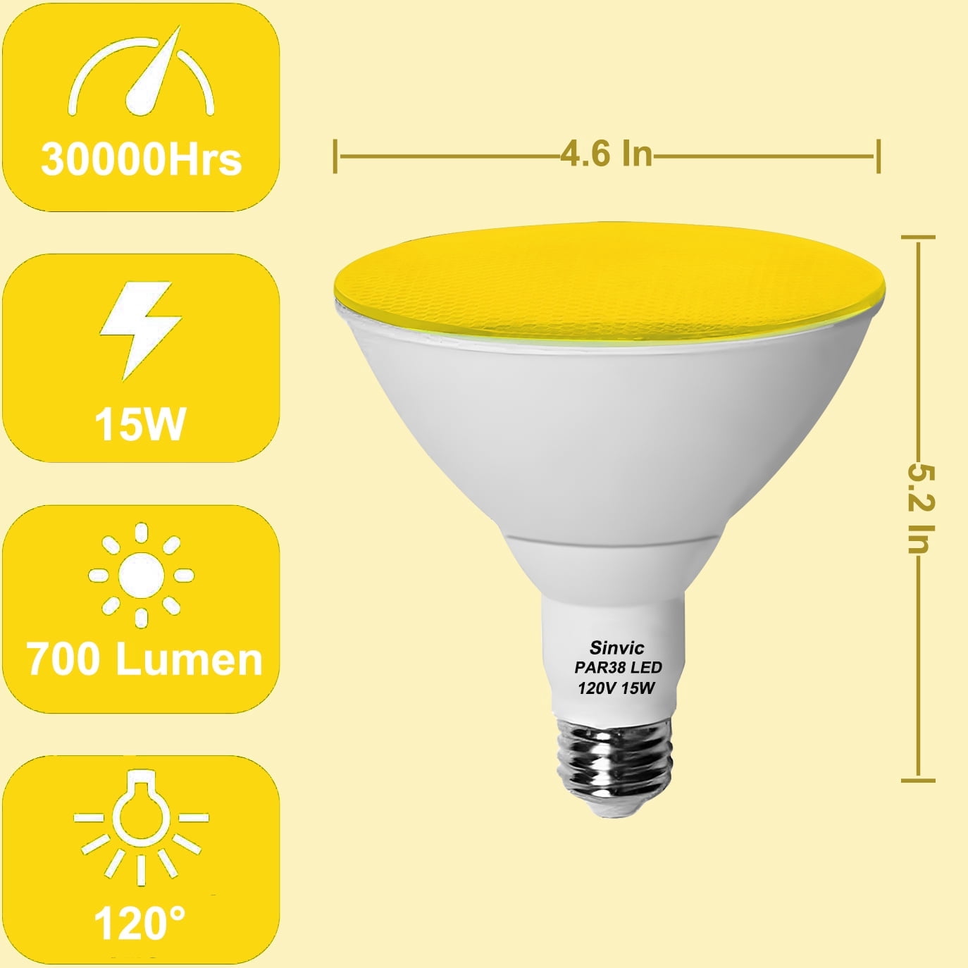Sinvic 2 Pack Dimmable Yellow PAR38 LED Bulb 15W 150W Equiv 700LM 120V E26 Outdoor Flood Light