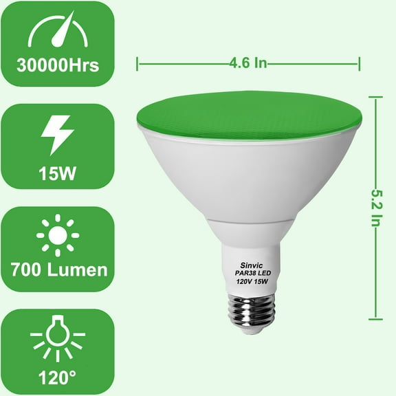 Sinvic PAR38 Green LED Bulb 15W (Equiv 150W) 700Lumens Dimmable E26 Base 120V (2 Pack) Christmas/Halloween