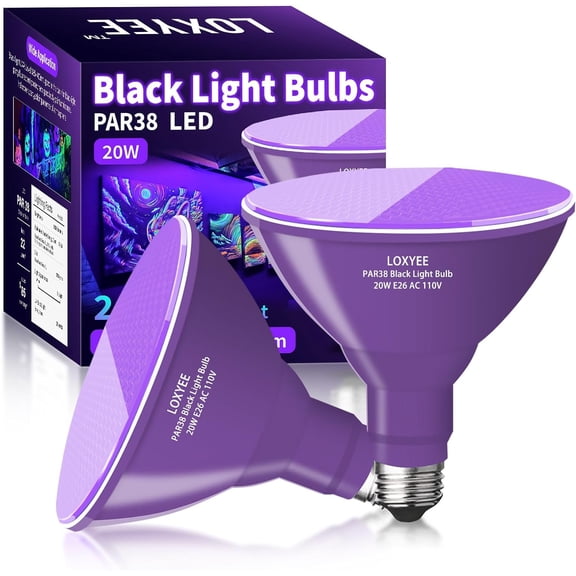 PAR38 Halloween LED Black Light Bulbs 2 Pack,E26 Base 20W(200W Equivalent) Black Light UVA Level 385-400nm, Glow in The Dark for Blacklight Party,Fluorescent Poster,Neon Glow,Body Paint
