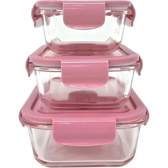 PARACASA Glass Food Container Sealed Lunch Box with Leftovers Food Storage Containers with Airtight Lids set of 3 pcs (Pink)