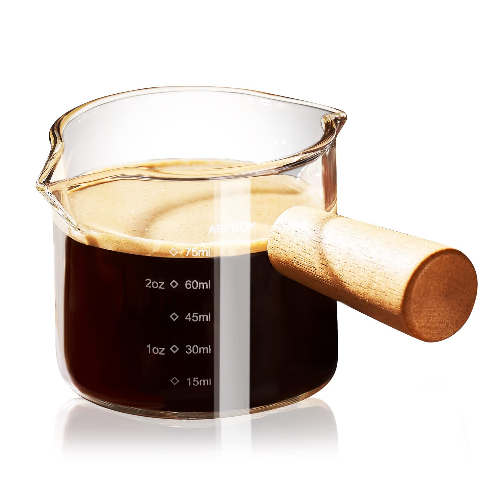 PARACITY Espresso Cups with Wood Handle, Double Spout Glass Measuring