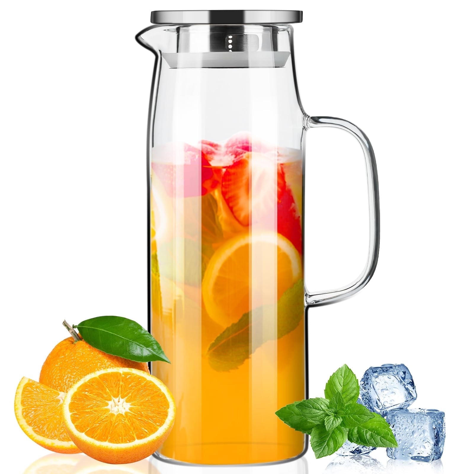 PARACITY Glass Pitcher 1.5L/50oz Water Pitcher with Stainless Steel Lid Iced Coffee/Tea Pitcher