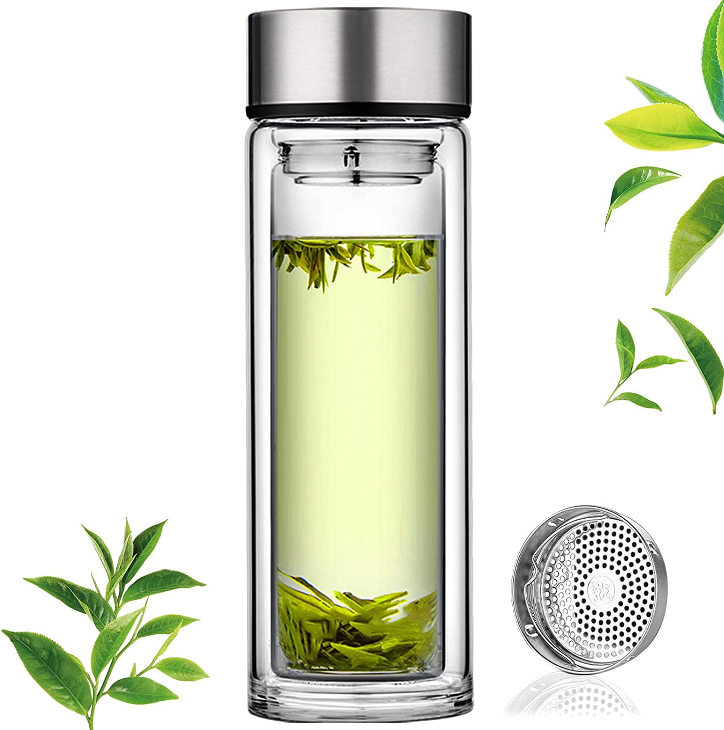 Nismcorg Crystal Glass Water Bottle - Tea Infuser Bottle with Tea Diffuser  - Loose Leaf Tea Bottle with Removable Protective Sleeve and Handle 