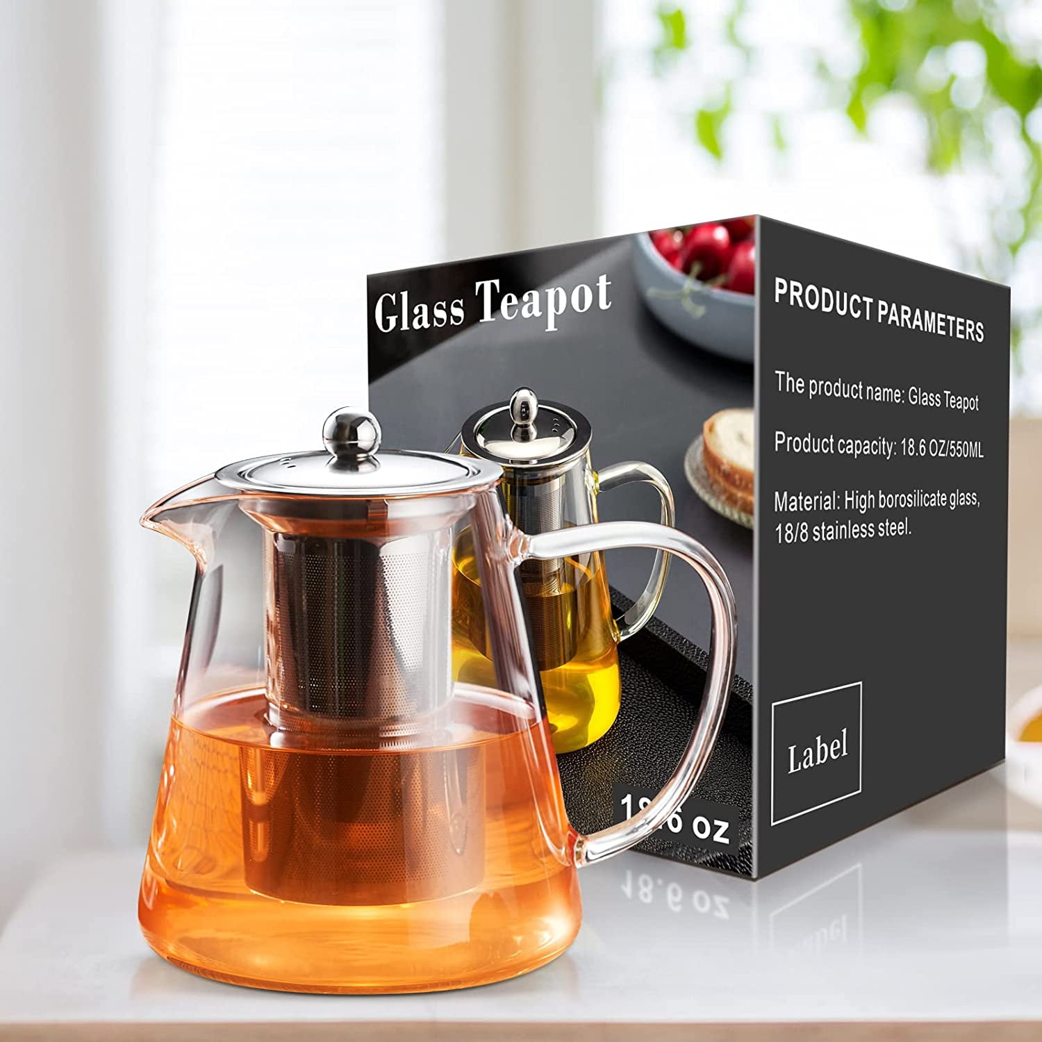 PARACITY Glass Teapot Stovetop 20 OZ/600ml, Borosilicate Clear Tea Kettle  with Bamboo Lid, Glass Tea pot with Removable Filter Spout, Teapot Blooming