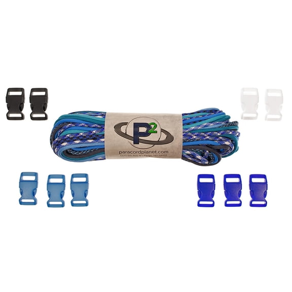 PARACORD PLANET Paracord Crafting Kit - 100 or 200 Feet of Paracord - 5/8-Inch or 1/2-Inch Plastic Contoured Side Release Buckles - Craft DIY Lanyards, Key Chains, Jewelry, Pet Accessories and More