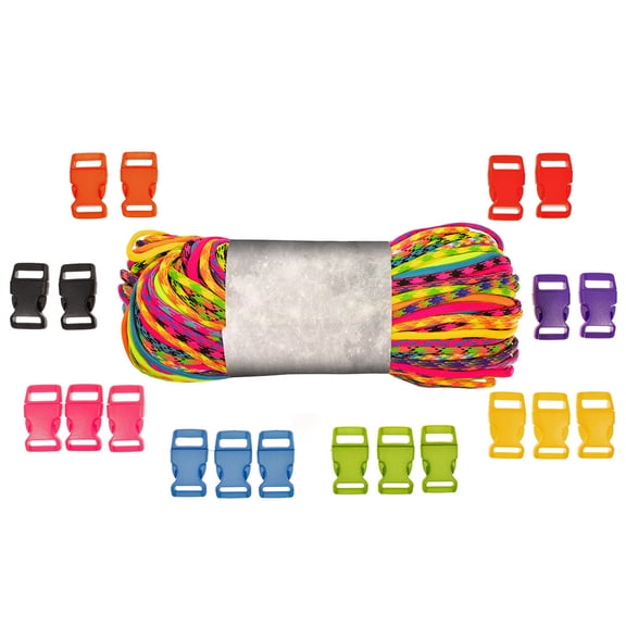 PARACORD PLANET Paracord Crafting Kit - 100 or 200 Feet of Paracord - 5/8-Inch or 1/2-Inch Plastic Contoured Side Release Buckles - Craft DIY Lanyards, Key Chains, Jewelry, Pet Accessories and More