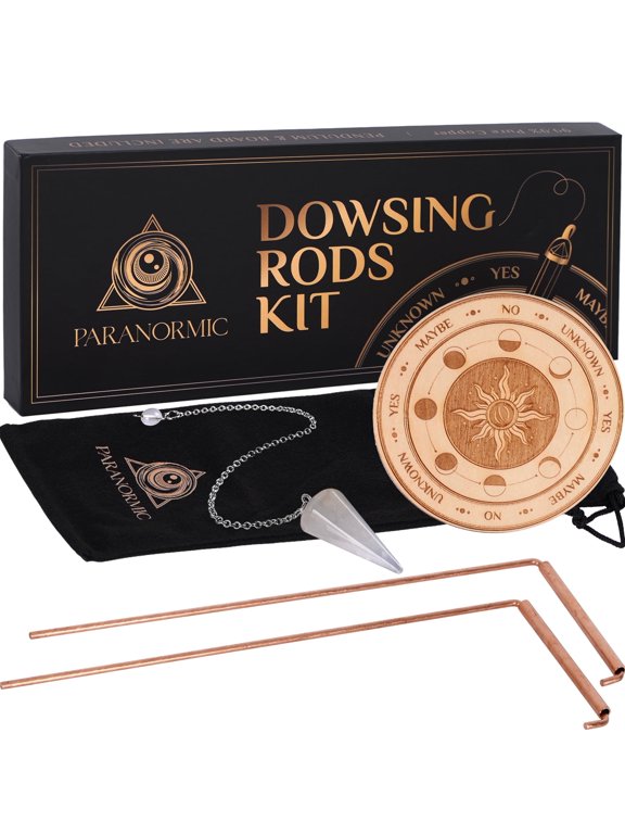 Dowsing Rods Kit 99.9% Pure Copper Rods, Quartz Pendulum & Engraved Wooden Board Ghost Hunting, Water Divining & Divination
