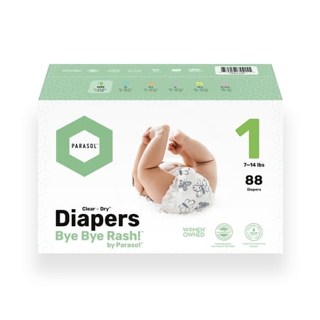 PARASOL Clear+Dry Disposable Diapers | RashShield Protection, Leakproof Design, Hypoallergenic | Size 1, (7-14 lbs) Box of 88 Count
