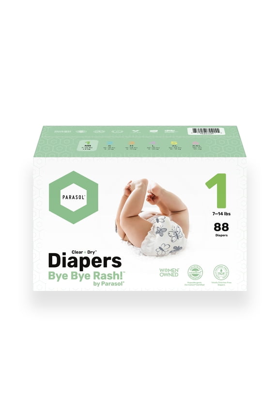 Clear+Dry Disposable Diapers | RashShield Protection, Leakproof Design, Hypoallergenic | Size 1, (7-14 lbs) Box of 88 Count