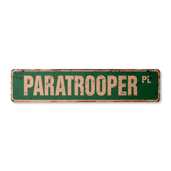PARATROOPER Vintage Aluminum Street Sign jump jumper war helmet pants rustic metal tin | Indoor/Outdoor |  18" Wide