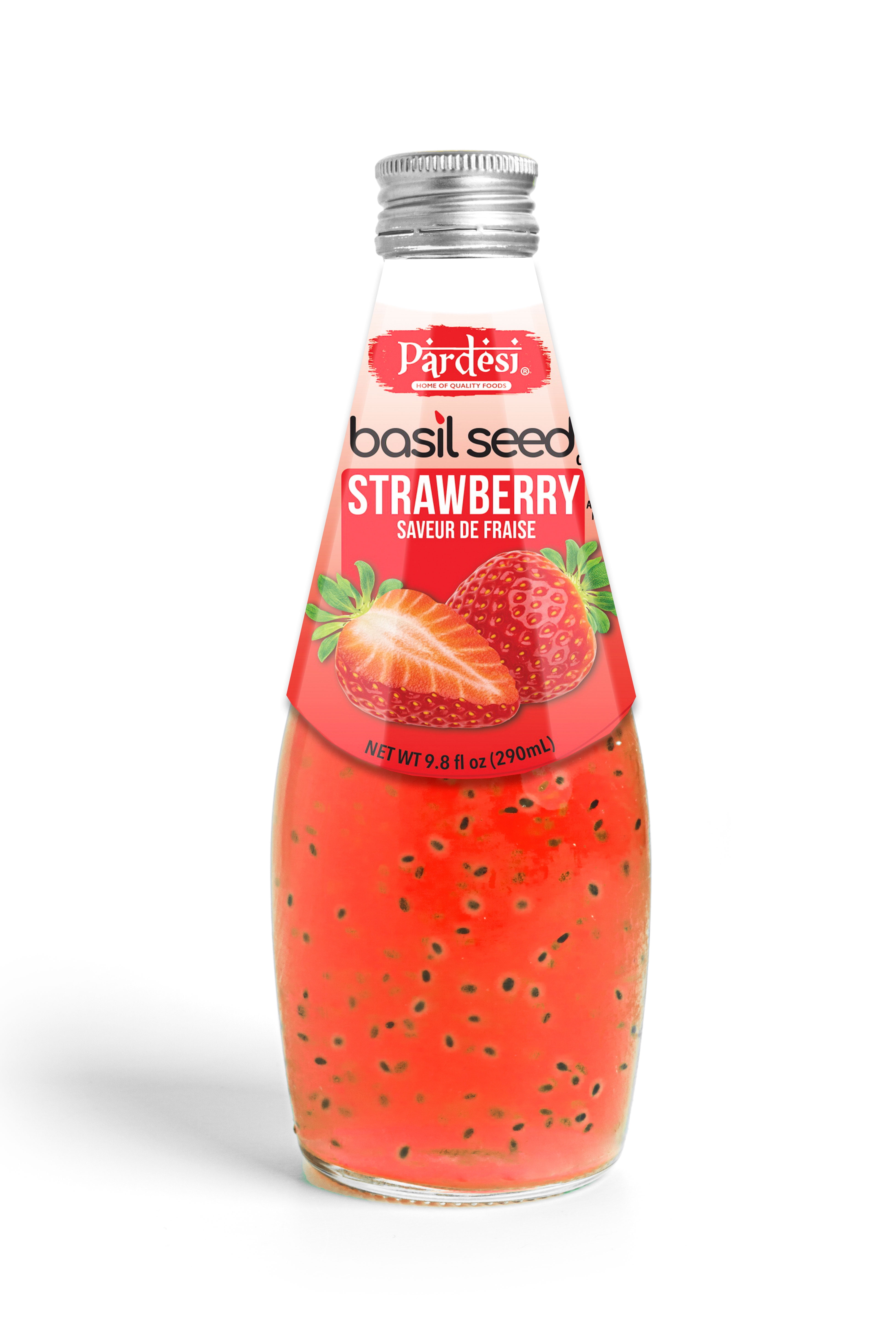 PARDESI Basil Seeds Juice Drink 9.8 FL OZ 290 mL Made with Real Basil Seeds Naturally Cooling Refreshing Strawberry