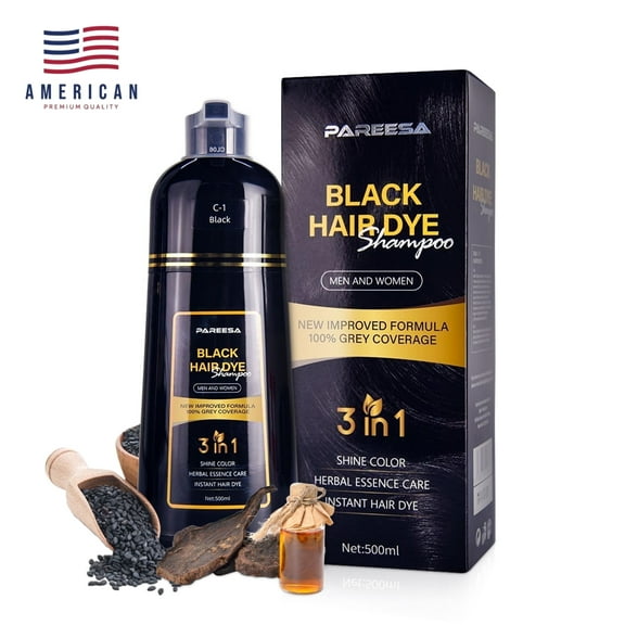 PAREESA Black Hair Dye Shampoo 3 in 1 for Grey Hair - Hair Color Shampoo for Women & Men - 500ML